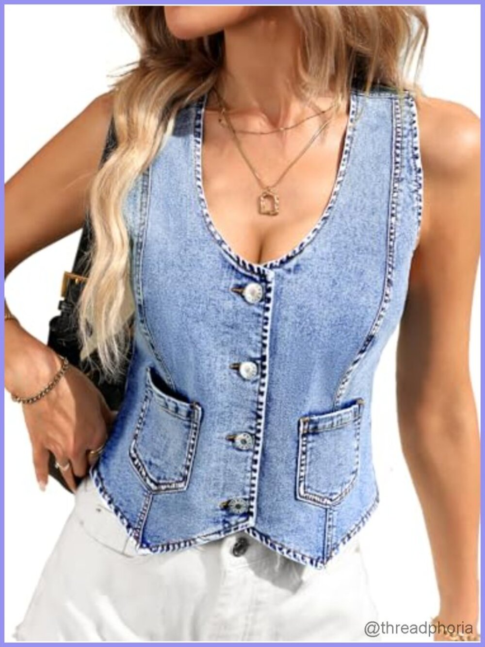 High Stretch V-Neck Western Denim Vest with Pockets